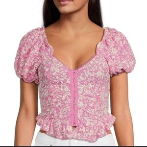 Free People Floral Pink Puff Sleeve Top